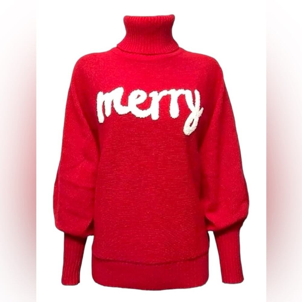 Red Turtleneck Sweater with 'Merry' Design